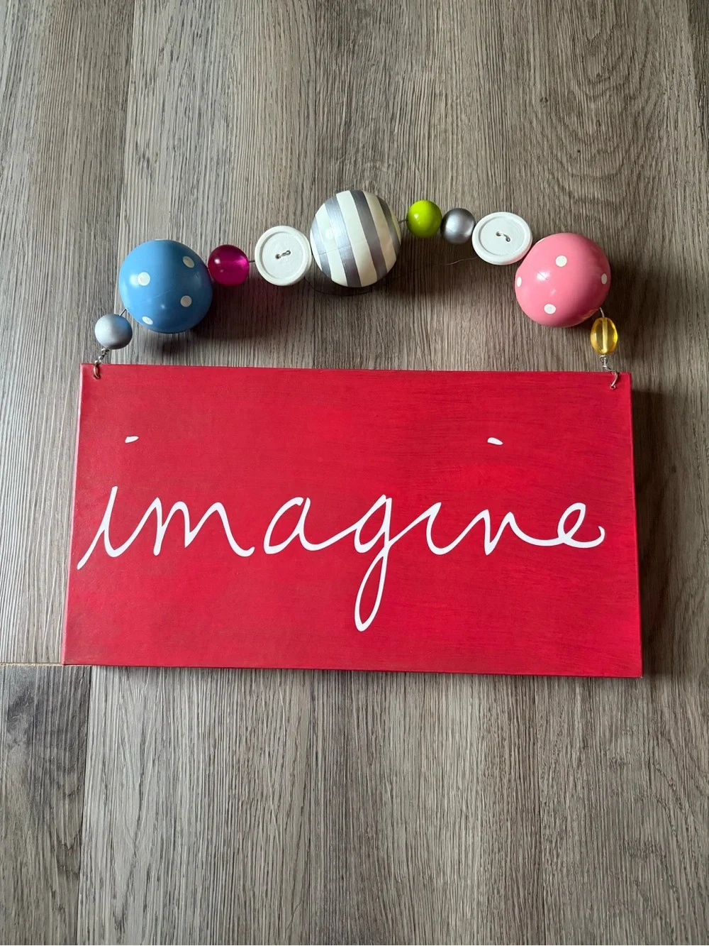 Wall decor for kids bedroom “Imagine” 15 inch canvas sign with oversized buttons